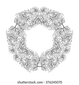 Decorative vintage flowers pattern. Floral frame. Floral mandala. Good for coloring book for adult and older children, for greeting cards and invitations. 
