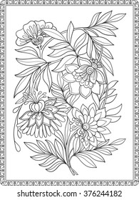 Flores antiguas decorativas. Es bueno para colorear libros para adultos y niños mayores. Página colorear. Dibujo de esquema. Ilustración vectorial.
