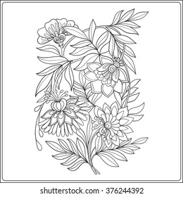 Decorative vintage flowers pattern. Good for coloring book for adult and older children. Coloring page. Outline drawing. Vector illustration.