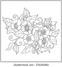 Decorative vintage flowers pattern. Good for coloring book for adult and older children. Coloring page. Outline drawing. Vector illustration.