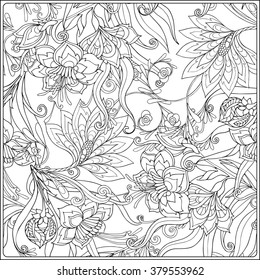 Decorative vintage flowers pattern. Good for coloring book for adult and older children. Coloring page. Outline drawing. Vector illustration.