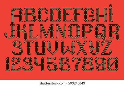 Decorative vintage font Time Machine. Old style alphabet design. Vector illustration