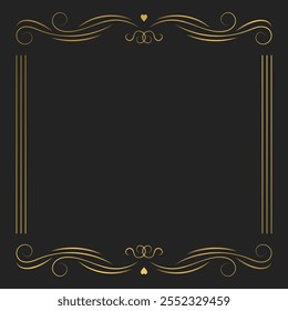 Decorative vintage frame, border with swirls divider and copy space. Template for covers, invitations, menu. Gold vector design on black background