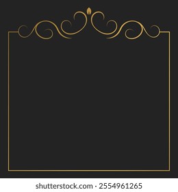 Decorative vintage frame, border with swirls divider and copy space. Template for covers, invitations, menu. Gold vector design on dark background