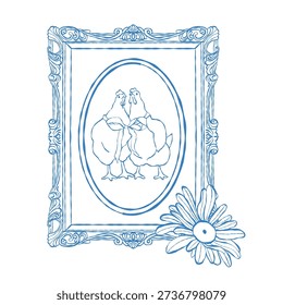 Decorative vintage frame with chickens in a line art style. Retro frame, a pair of chickens with a bow. Vector outline illustration. Easter clipart in blue.