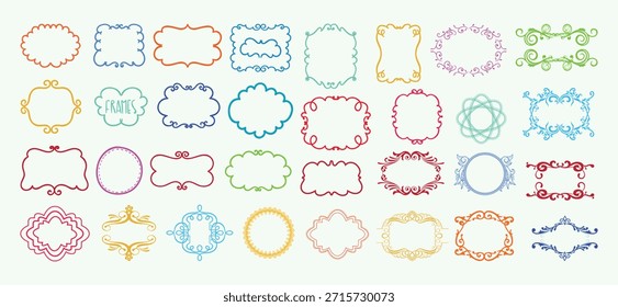 Conjunto de Vector de Colección de marco de Antiguas decorativo, bordes florales ornamentales, etiquetas elegantes, marcos de invitación de Boda, diseño de desplazamiento clásico, marcos de contorno de colores.
