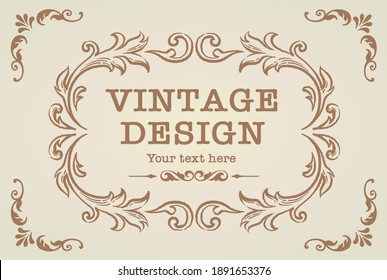 Decorative vintage frame and elements in antique style. Vector illustration.