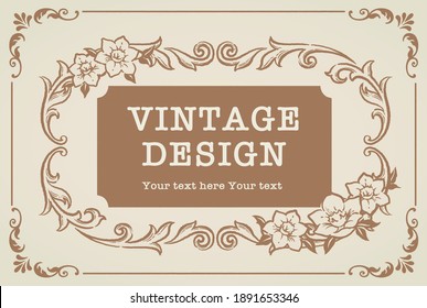 Decorative vintage frame and elements with flowers in antique style. Vector illustration.