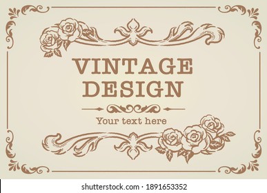 Decorative vintage frame and elements with flowers in antique style. Vector illustration.