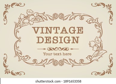 Decorative vintage frame and elements with flowers in antique style. Vector illustration.