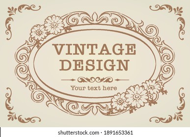 Decorative vintage frame and elements with flowers in antique style. Vector illustration.