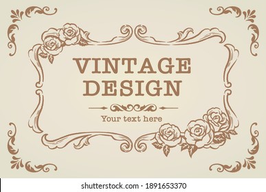 Decorative Vintage Frame And Elements With Flowers In Antique Style. Vector Illustration.