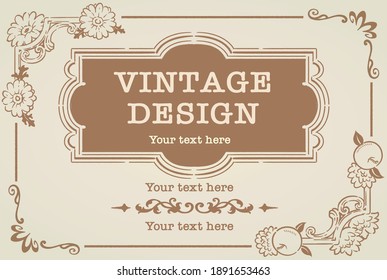 Decorative vintage frame and elements with flowers in antique style. Vector illustration.