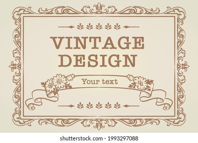 Decorative vintage frame and elements with flowers in antique style. Vector illustration.