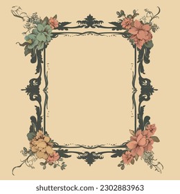 Marco vintage decorativo y elementos con flores de estilo antiguo. Ilustración vectorial.