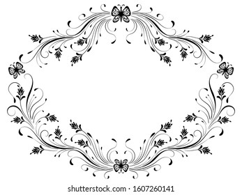 Decorative vintage frame with floral ornament and butterflies in retro style isolated on white background