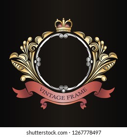 Decorative vintage frame. Leafy ornament. Border for monogram. Luxury golden pattern. Heraldic ribbon. Ornamental elements for registration of trademarks, logos, invitation cards, hotels, shops.