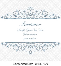 Decorative vintage frame. Swirl divider and header. Beautiful floral greeting card. Elegant invitation. Vector damask illustration.