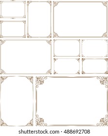 Decorative vintage frames and border set,photo , Gold photo frame with corner thailand line floral for picture, Vector design decoration pattern style.frame border design is pattern Thai style