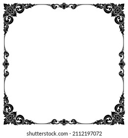 Decorative vintage frames and borders on Black background, Ethnic frame with corner Thailand line floral for picture, Silhouette Vector design decoration pattern style
