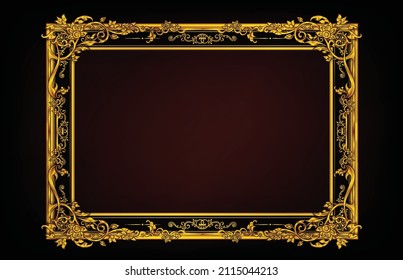 Decorative vintage frames and borders on Black background, Gold photo frame with corner Thailand line floral for picture, Vector design decoration pattern style