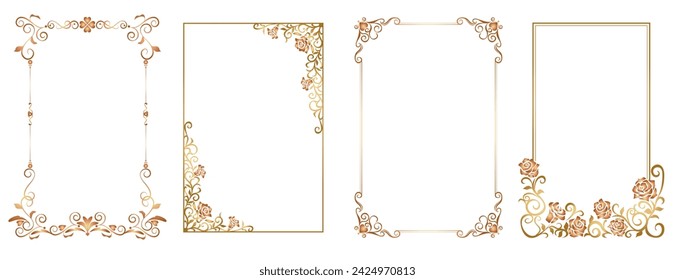 Decorative vintage frames and borders set. Gold photo frame. Wedding and restaurant menu.