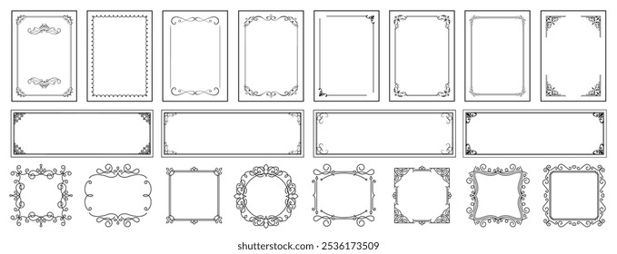 Quadros decorativos vintage e bordas. Conjunto de design vetorial, ornamento floral.