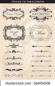 Marcos decorativos vintage y bordes establecidos vectorial.Vector Ornamento vectorial Elementos caligráficos, bordes, separadores de páginas, decoración de páginas y adornos. Elementos caligráficos antiguos.