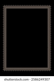 Decorative vintage gold rectangular Vertical national ornament frame on black background. A4 format. Ethnic Elegant gold frame, border, decorative ornament for invitations, textiles, embroider, laser 