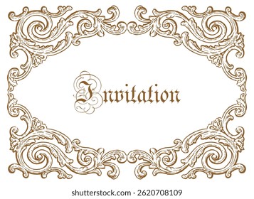 Decorative vintage golden border in baroque style, lettering invitation, vector card, hand drawn illustration