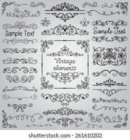 Decorative Vintage Hand Drawn Doodle Design Elements. Frames, Dividers, Swirls. Vector Illustration