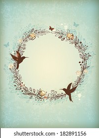 Decorative vintage hand drawn wreath of flowers, leaves and birds
