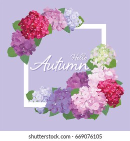 Decorative vintage hydrangea flowers with leaves in square shape frame on purple background. Vector set of blooming floral for your design. Adornment for wedding invitations and greeting card.