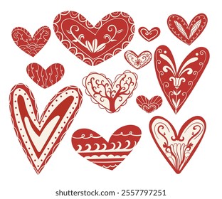 Decorative vintage illustrated heart shapes. Unique for sticker badge for holiday decoration and more