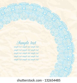 Decorative vintage invitation card, illustration with lacy ornamental frame decoration. Blue pattern on crumpled paper.