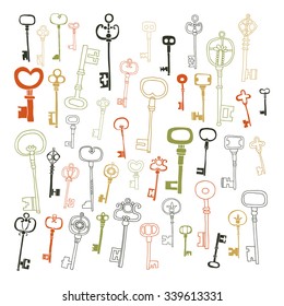 Decorative vintage keys, doodles, set of antique keys