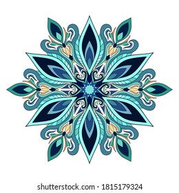 Decorative vintage mandala with dark blue, yellow, turquoise, orange elements on white isolated background. Suitable for postcards, poster, cover.