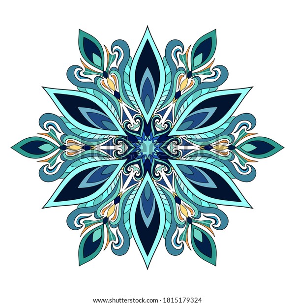 Decorative vintage mandala with dark blue, yellow,\
turquoise, orange elements on white isolated background. Suitable\
for postcards, poster,\
cover.