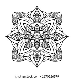 Decorative vintage mandala with swirls and lines on white isolated background. For coloring book pages.