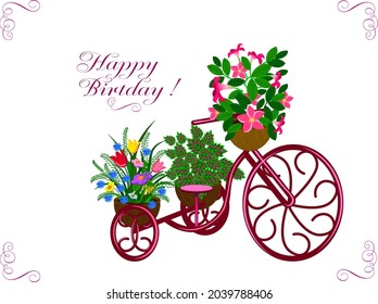 Decorative Vintage Model Old Bicycle Equipped Basket Flowers Garden. Vector illustration of happy birthday greeting card with home and wild summer flowers

