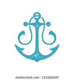 Decorative vintage nautical anchor with torn rope for hanging blue grunge texture vector illustration. Retro navy hook with sharp thorns for sea vessel safety parking at port harbor minimalist logo