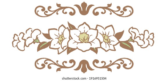 Decorative vintage ornament with flowers in antique style. Vector illustration.
