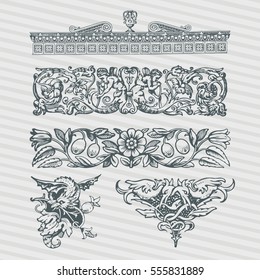 Decorative vintage ornament frames in antique baroque and roman style vector set 