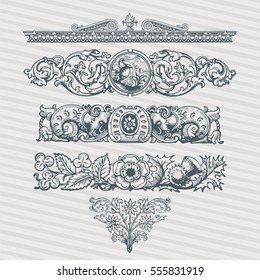 Decorative vintage ornament frames in antique baroque and roman style vector set 