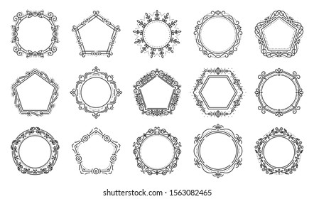 Decorative vintage ornamental frame set. Elegant pentagon, hexagon, circle monogram. Text frames for wedding, card, label, tag, book design. Floral decor. Art deco border. Isolated vector Illustration