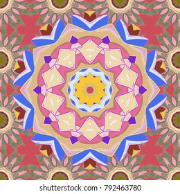Decorative vintage print. Unusual greeting in oriental boho chic style. Round flower ornament. Vector invitation with colored mandala design element. Luxury floral pattern. Square invite template.