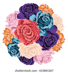 Decorative vintage roses in a bouquet, round floral composition.