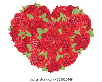 Decorative vintage roses in a shape of a heart, floral composition.