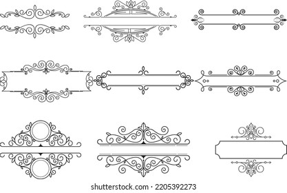 Decorative vintage set of thin calligraphic elements: borders, frames, dividers, ornaments, page decoration. combinations for retro design, greeting cards, certificates, and invitations. Vector.
