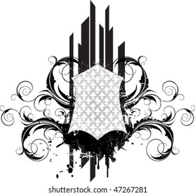 decorative vintage shield and banner with grunge and floral elements